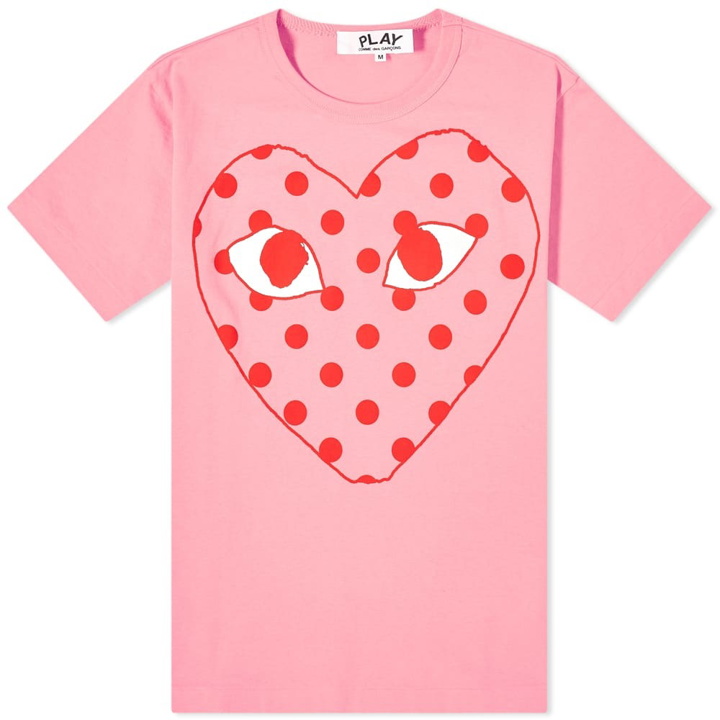 Photo: Comme des Garçons Play Men's Red Heart Polka Dot Logo T-Shirt in Pink