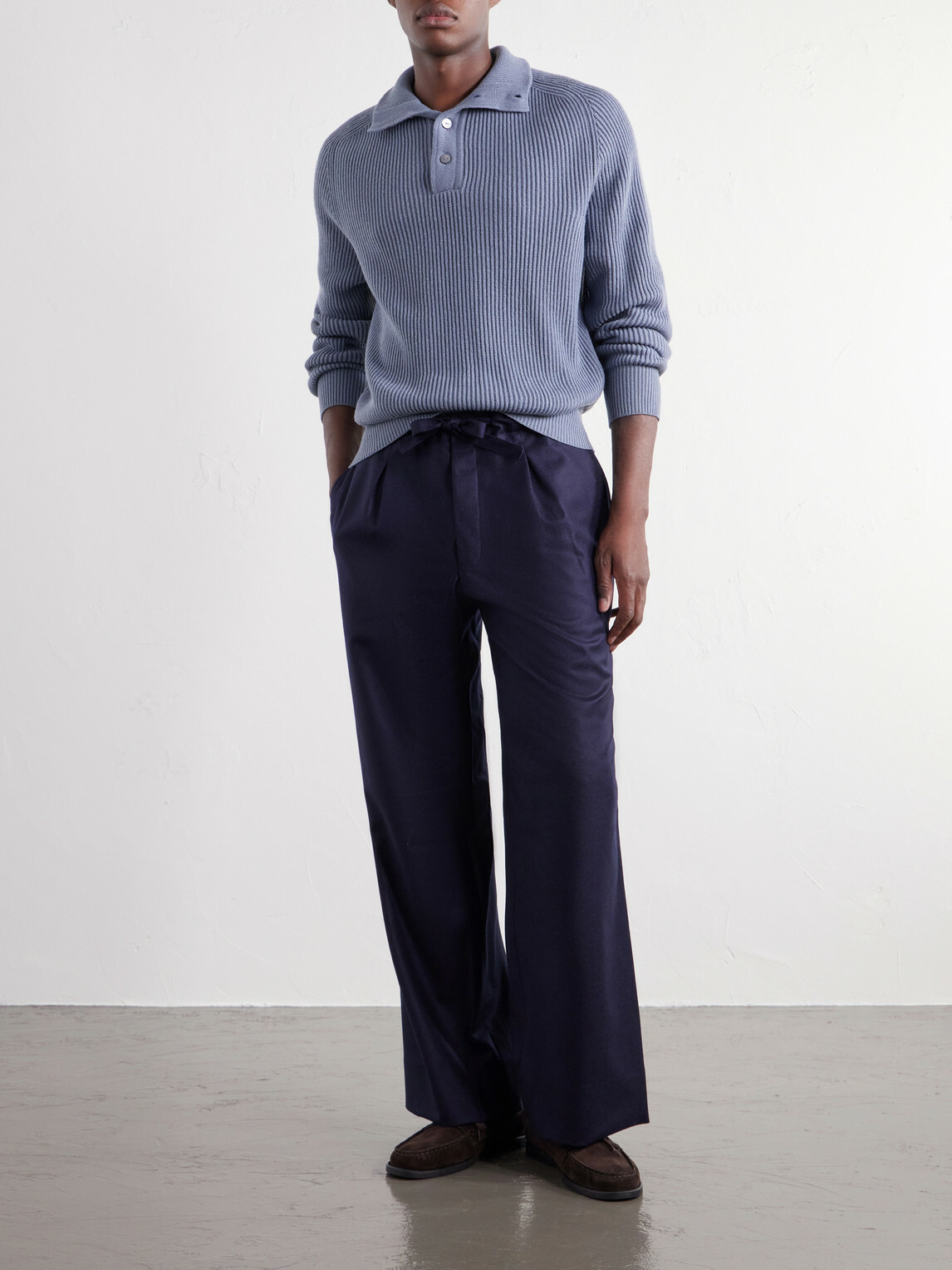 Stòffa - Wide-Leg Drawstring Wool And Cashmere-Blend Flannel Trousers - Blue