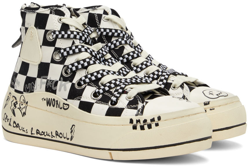 R13 Black Off White Check Graffiti Kurt High Top Sneakers R13