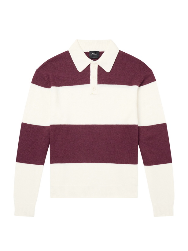 Photo: A.P.C. - Logo-Embroidered Striped Virgin Wool Polo Sweater - Burgundy