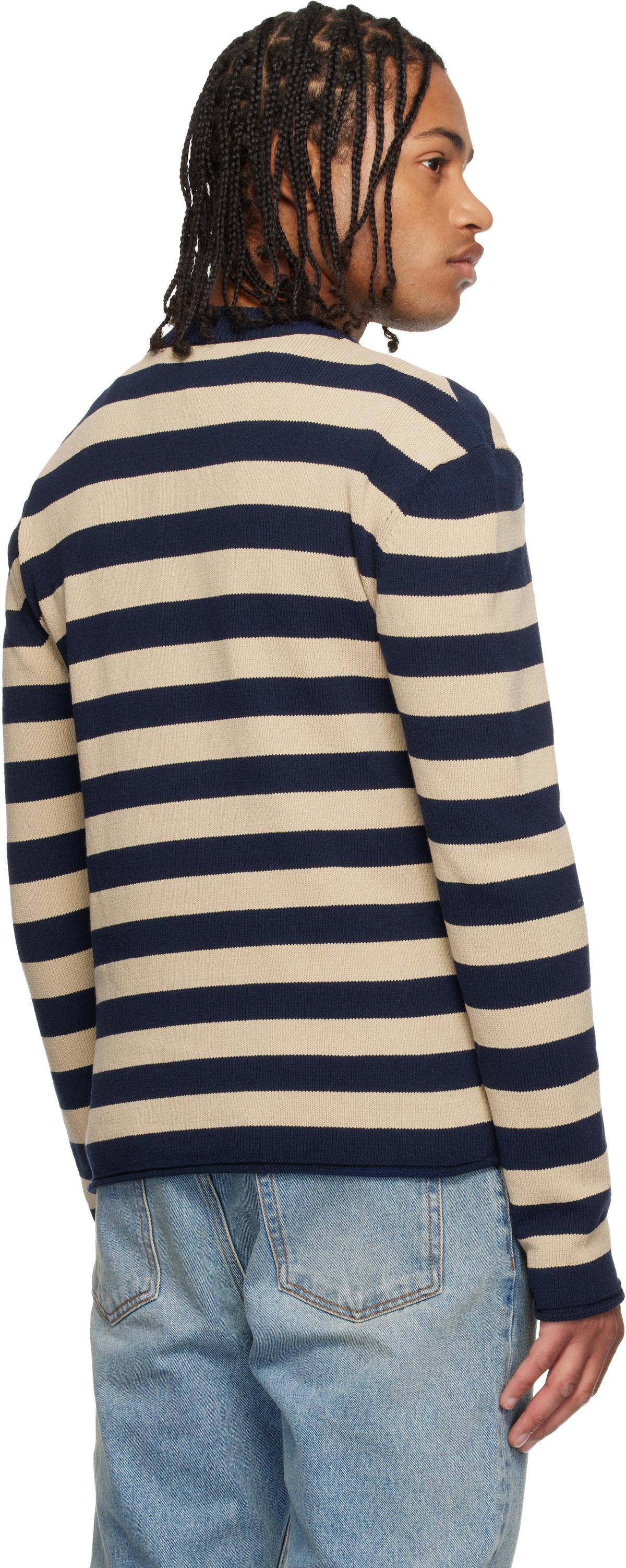 Balmain Navy & Beige 'Balmain' Logo Marinière Sweater
