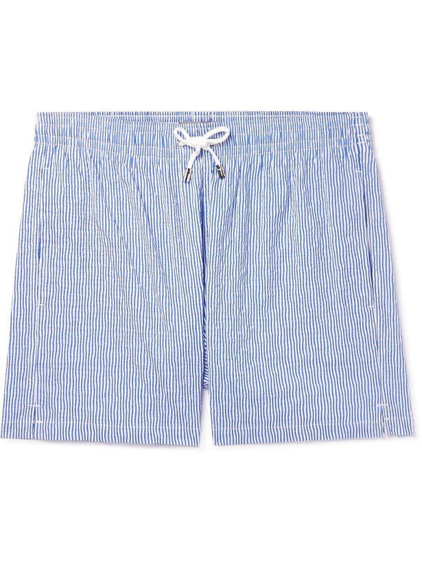 Photo: Canali - Straight-Leg Short-Length Striped Seersucker Swim Shorts - Blue