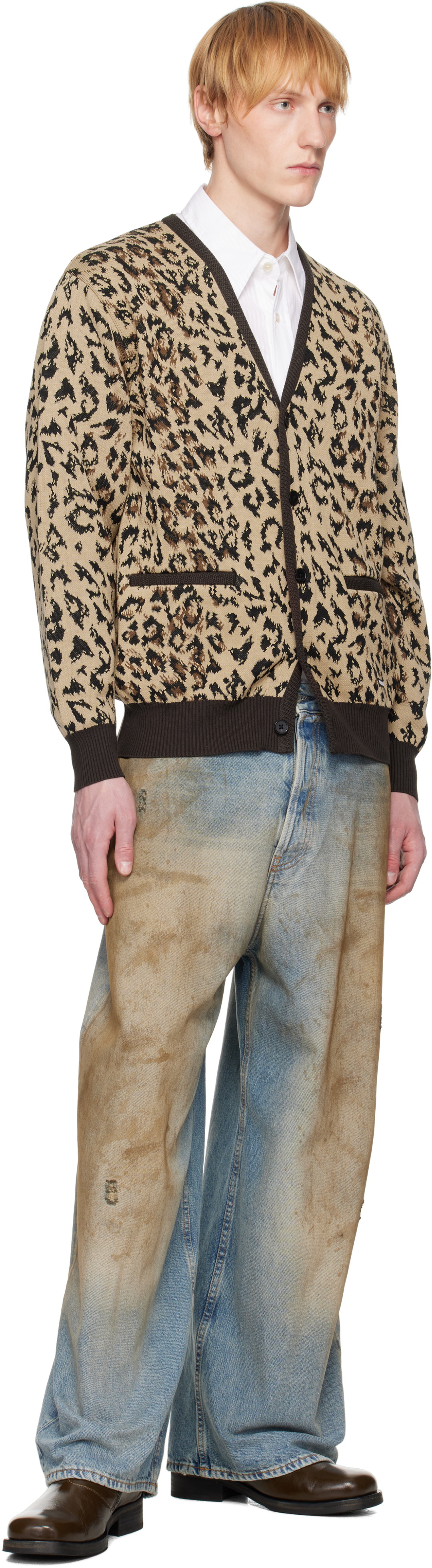 WACKO MARIA Beige Leopard Jacquard Knit Cardigan Wacko Maria