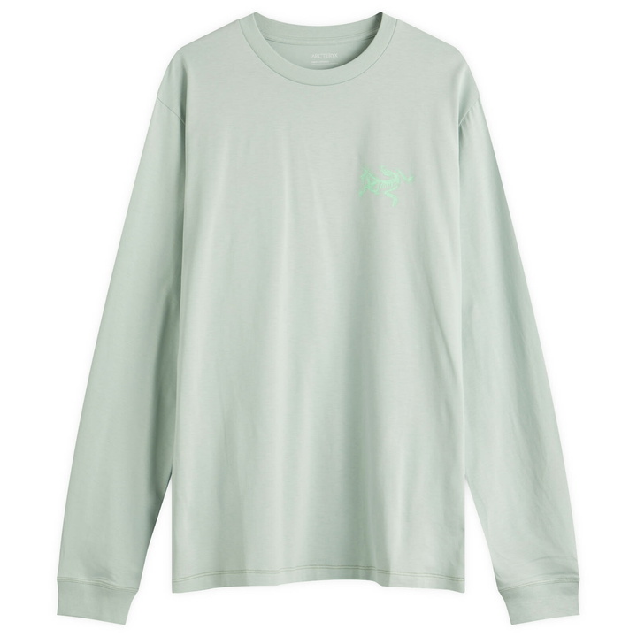 Photo: Arc'teryx Men's Kragg SL Cotton Bird Tile Long Sleeve T-Shirt in Stone Green/Phosphorescent