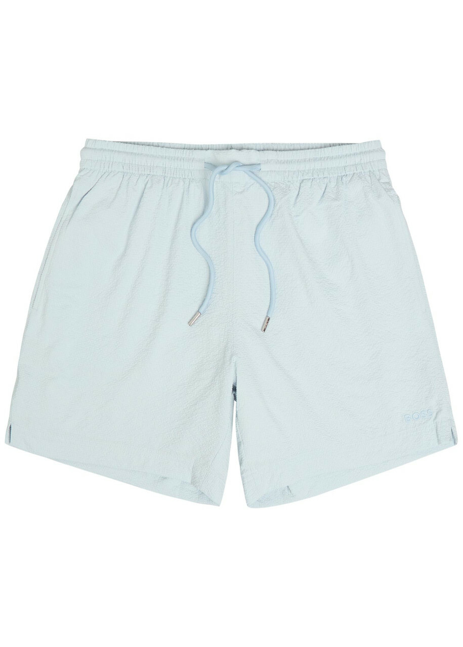 Boss Stretch-seersucker Swim Shorts Blue