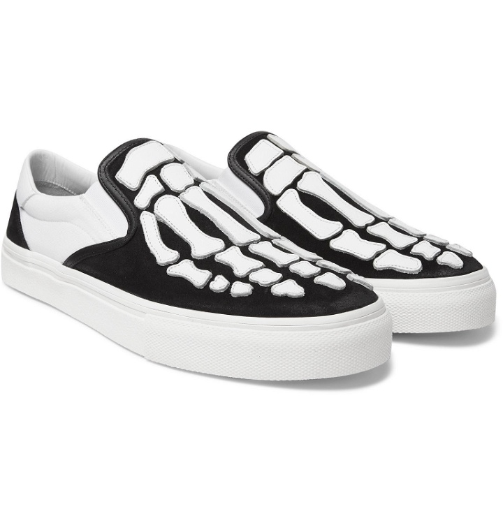 Photo: AMIRI - Skel Toe Leather-Appliquéd Canvas and Suede Slip-On Sneakers - Black