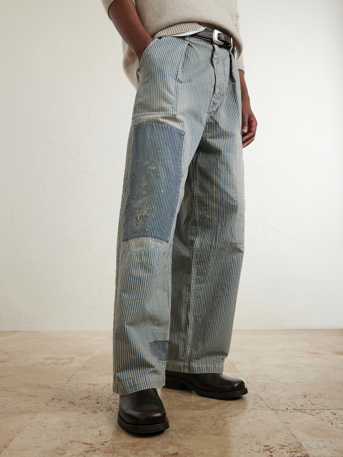 KAPITAL - Liberty Hicoree Fatigue Wide-Leg Striped Distressed Patchwork Cotton-Twill Trousers - Blue