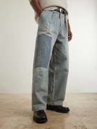 KAPITAL - Liberty Hicoree Fatigue Wide-Leg Striped Distressed Patchwork Cotton-Twill Trousers - Blue
