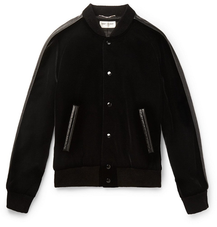 Photo: Saint Laurent - Leather-Trimmed Appliquéd Velvet Bomber Jacket - Men - Black