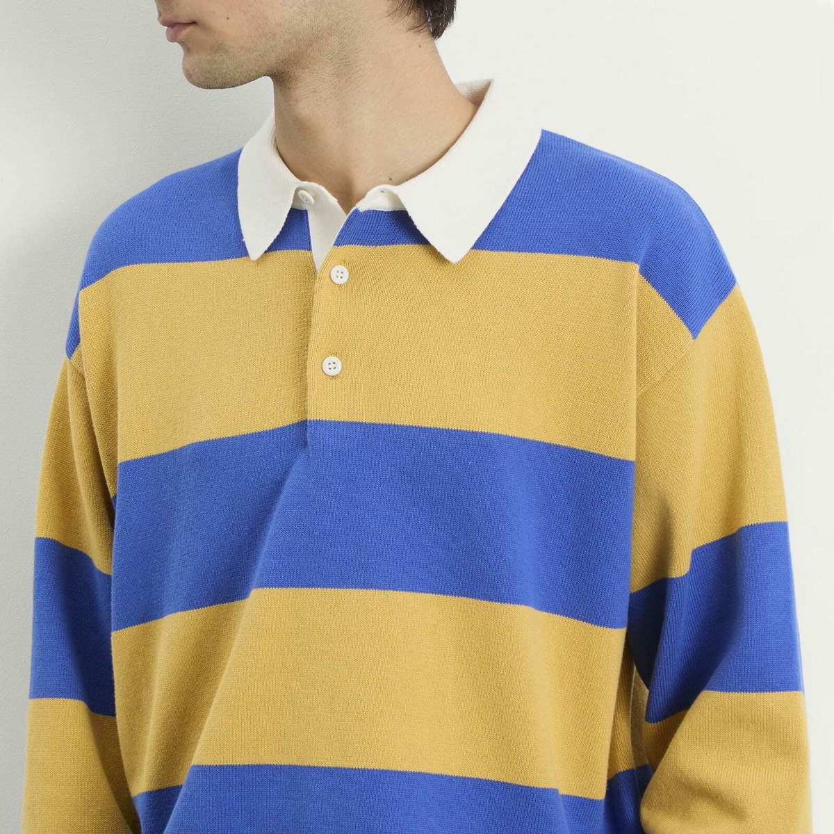 BEAMS Men's 7 Gauge Stripe Knit Rugby Shirt in Yellow
