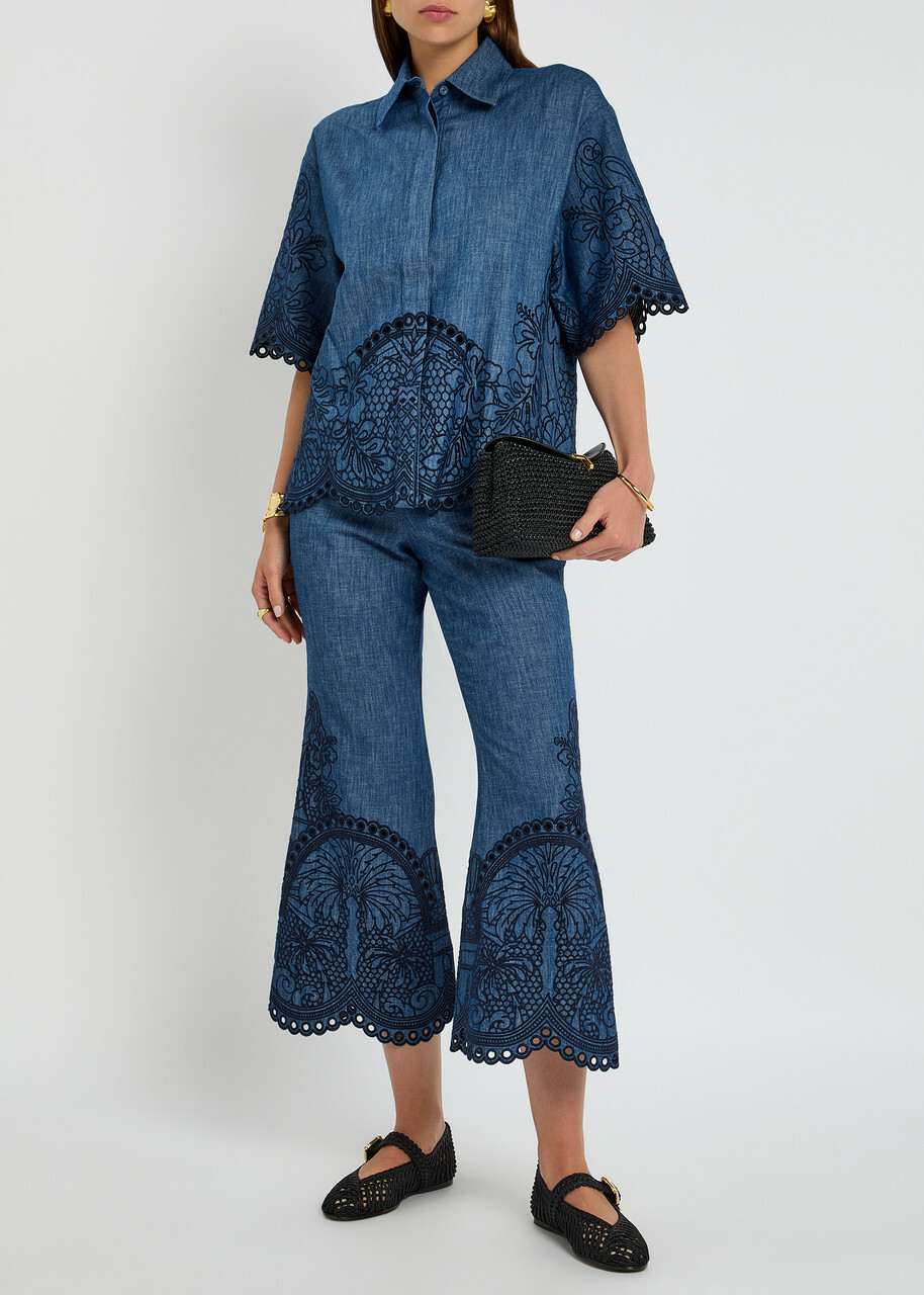 green emerald velvet dress Railway Blue Coco Embroidered Denim Short main image 1