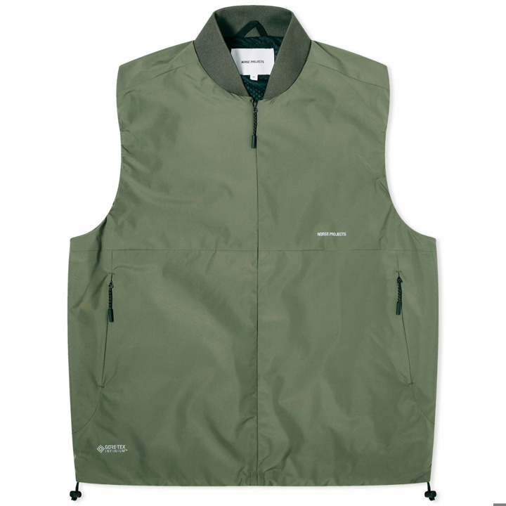 Photo: Norse Projects Men's Gore-Tex Infinium Bomber Jacket Gilet in Spruce Green