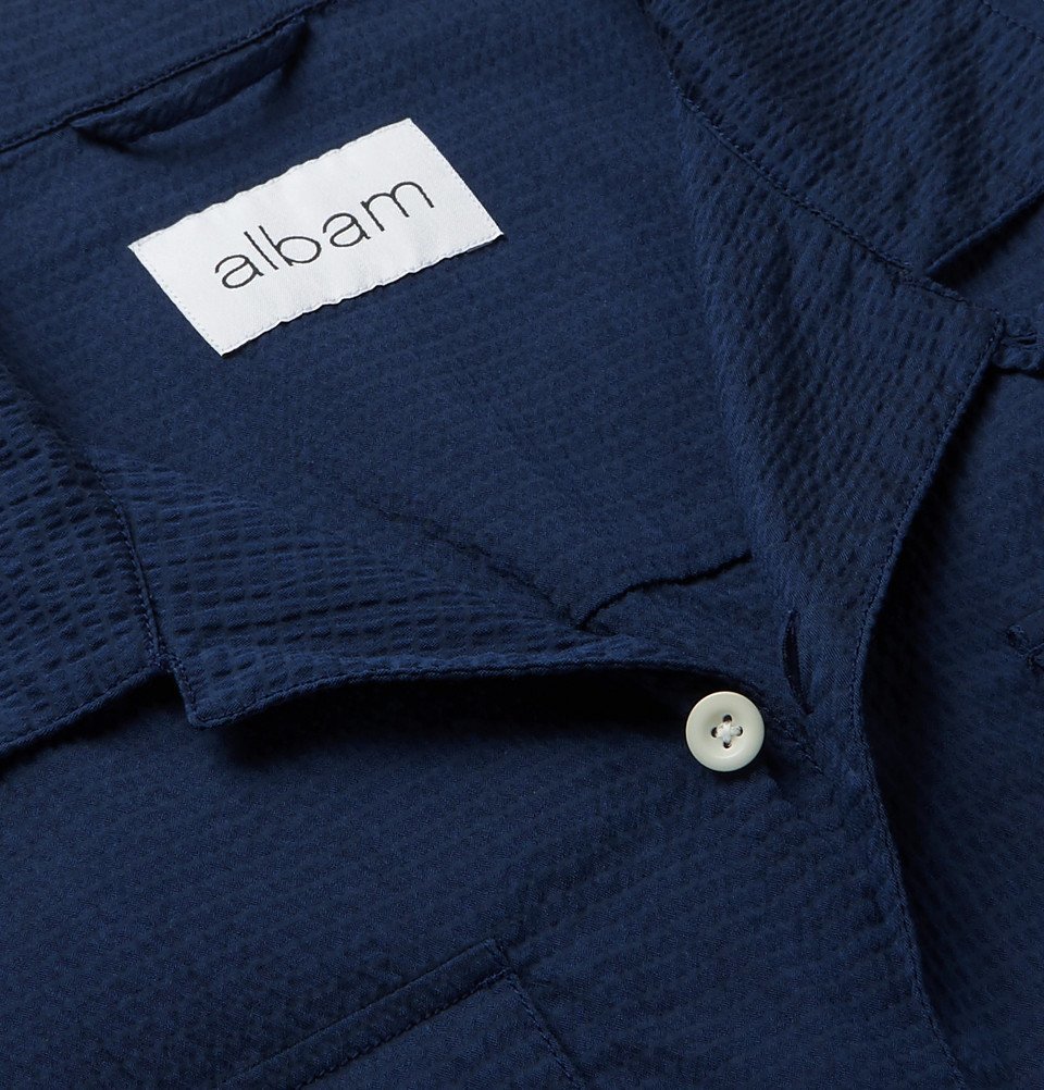 Albam - Camp-Collar Cotton-Blend Seersucker Shirt - Navy Albam