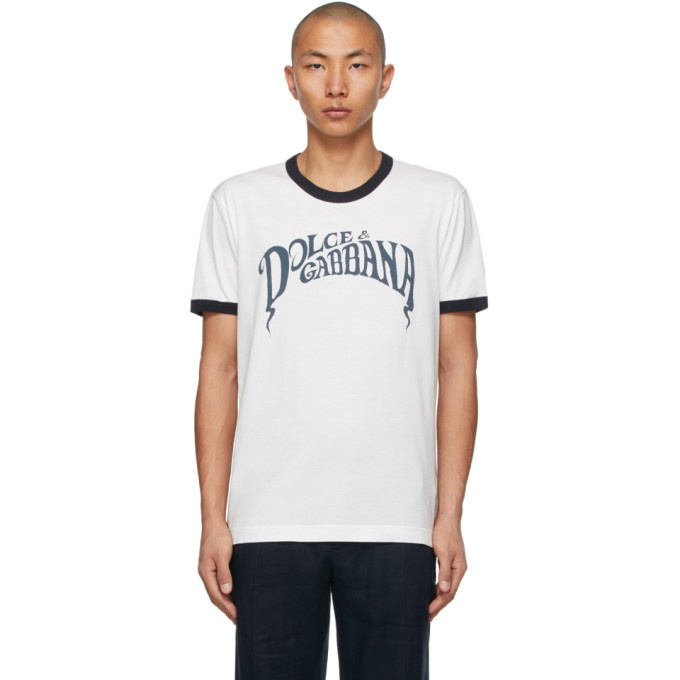 Photo: Dolce and Gabbana White and Navy Logo Print T-Shirt