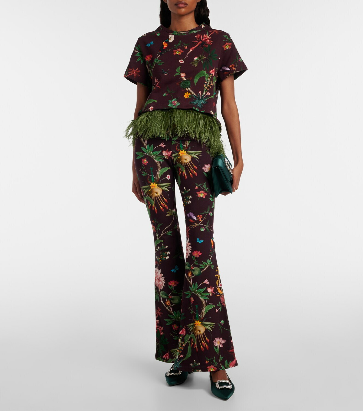 La DoubleJ La Scala feather-trimmed printed cotton T-shirt