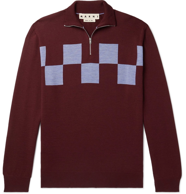 Photo: MARNI - Intarsia Virgin Wool Half-Zip Sweater - Burgundy