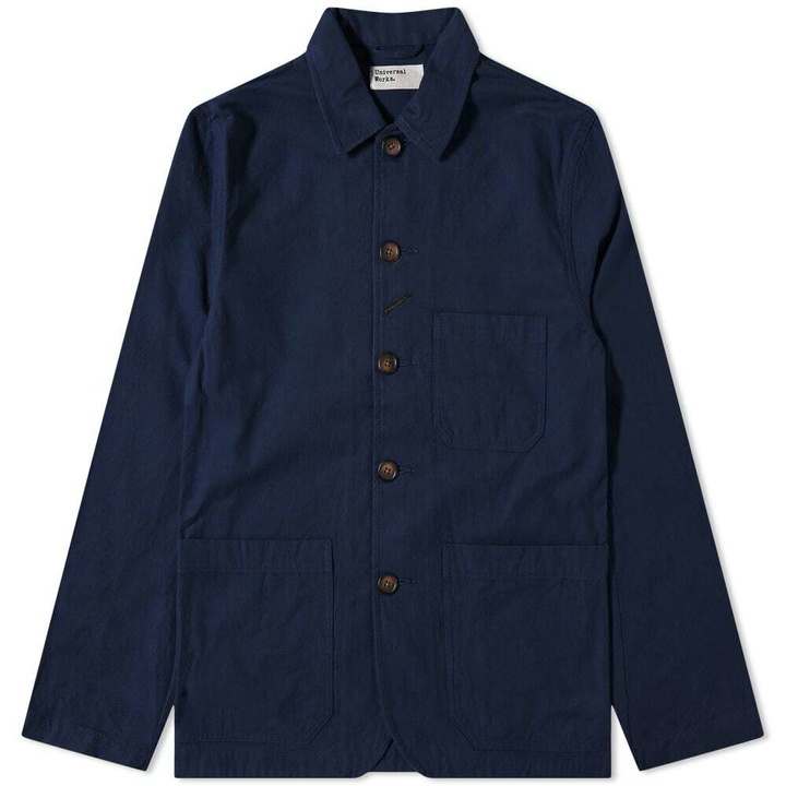 Photo: Universal Works Nebraska Brushed Cotton Bakers Chore jacket in Navy