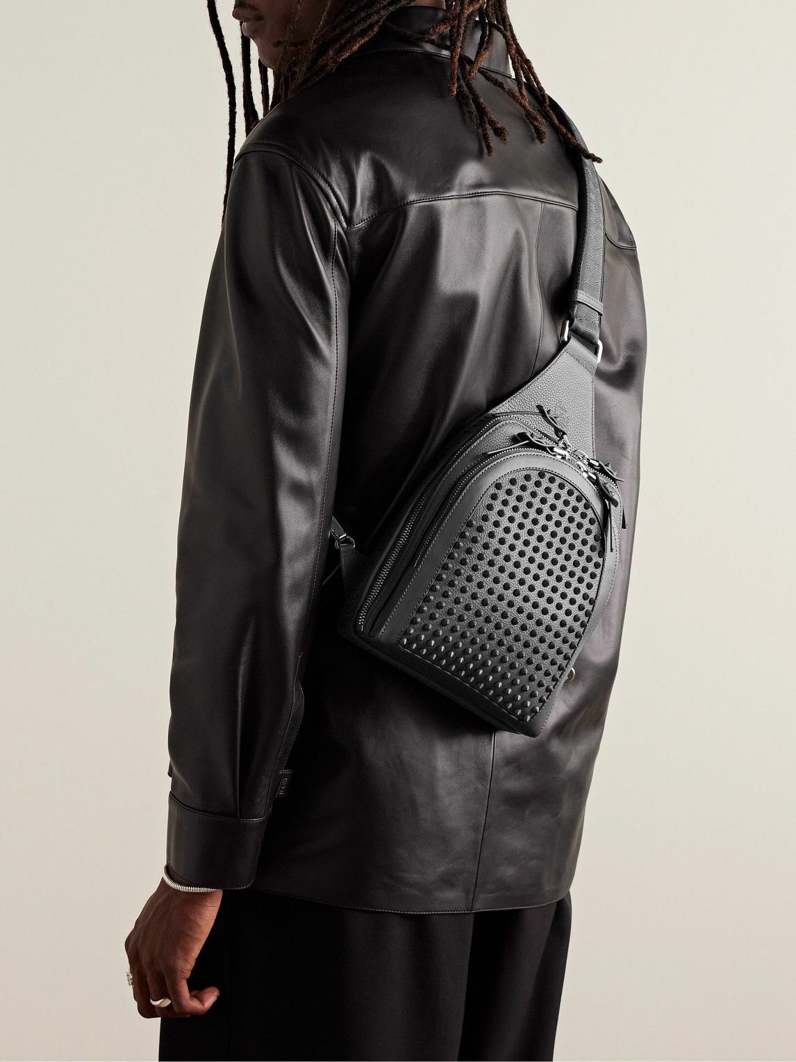 Backparis Spiked Rubber-Trimmed Full-Grain Leather Backpack