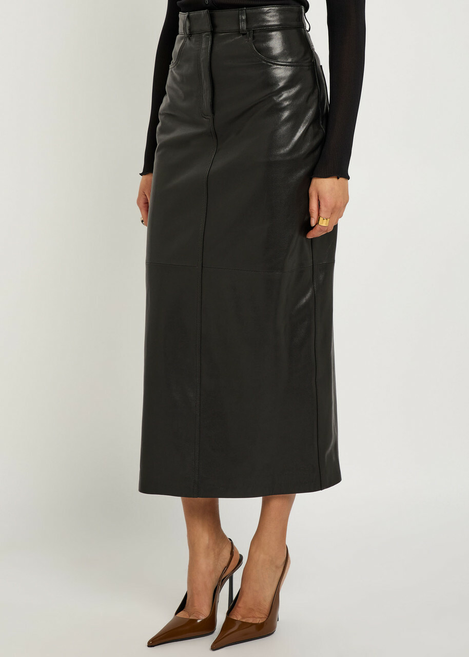 Nour Hammour Ghalia Panelled Leather Midi Skirt Black