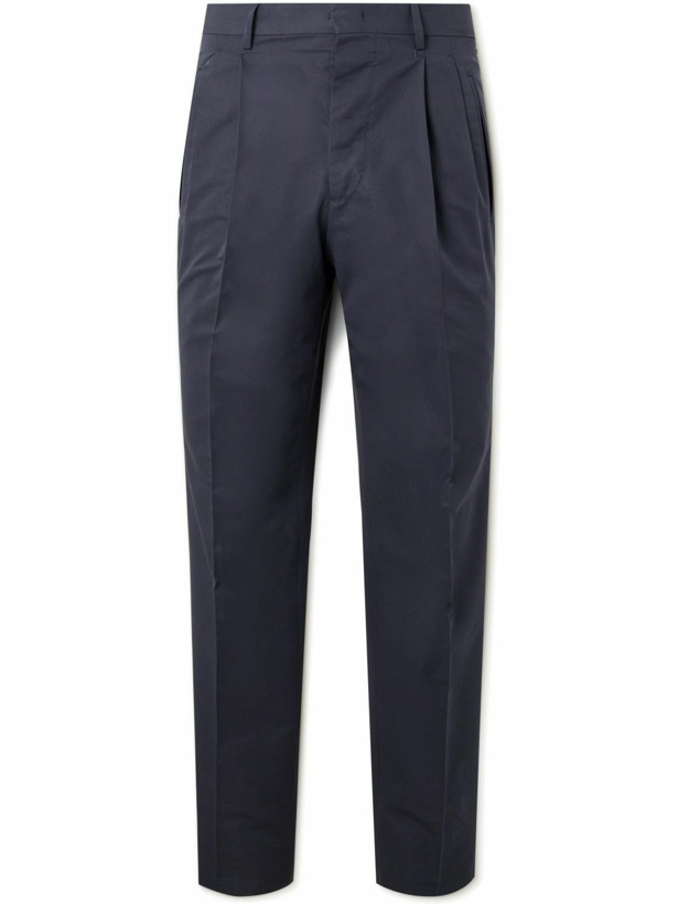 Photo: UMIT BENAN B - Slim-Fit Pleated Cotton and Silk-Blend Trousers - Blue