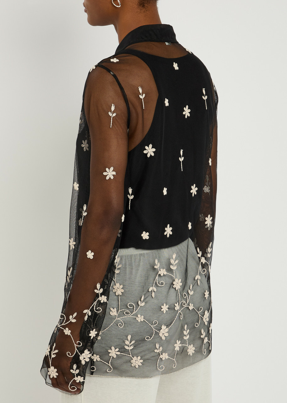 Toteme Floral-embroidered Sheer Tulle Shirt Black And White