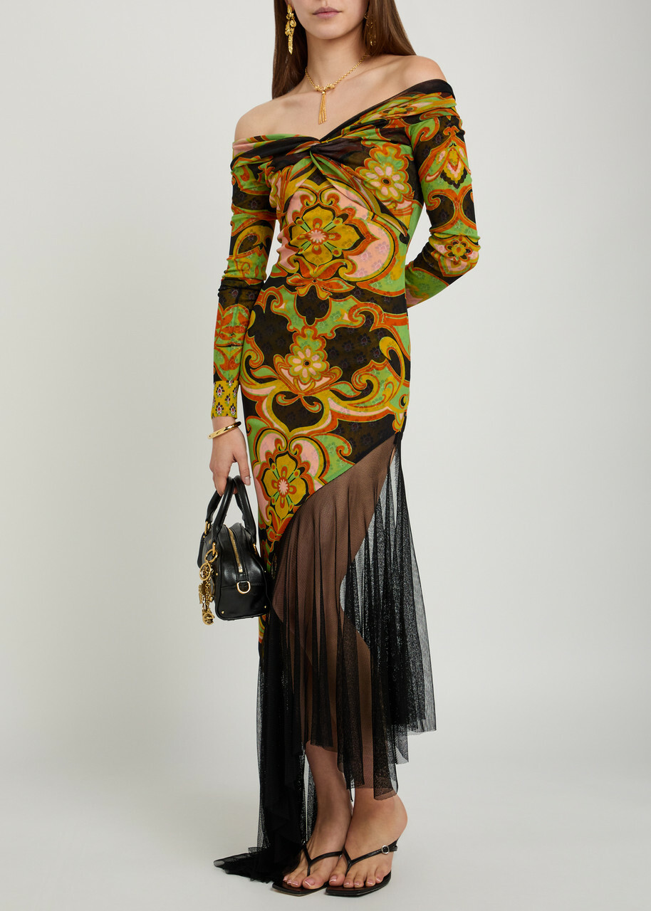 Etro Floral Print Tulle Asymmetric Mesh Maxi Dress Black