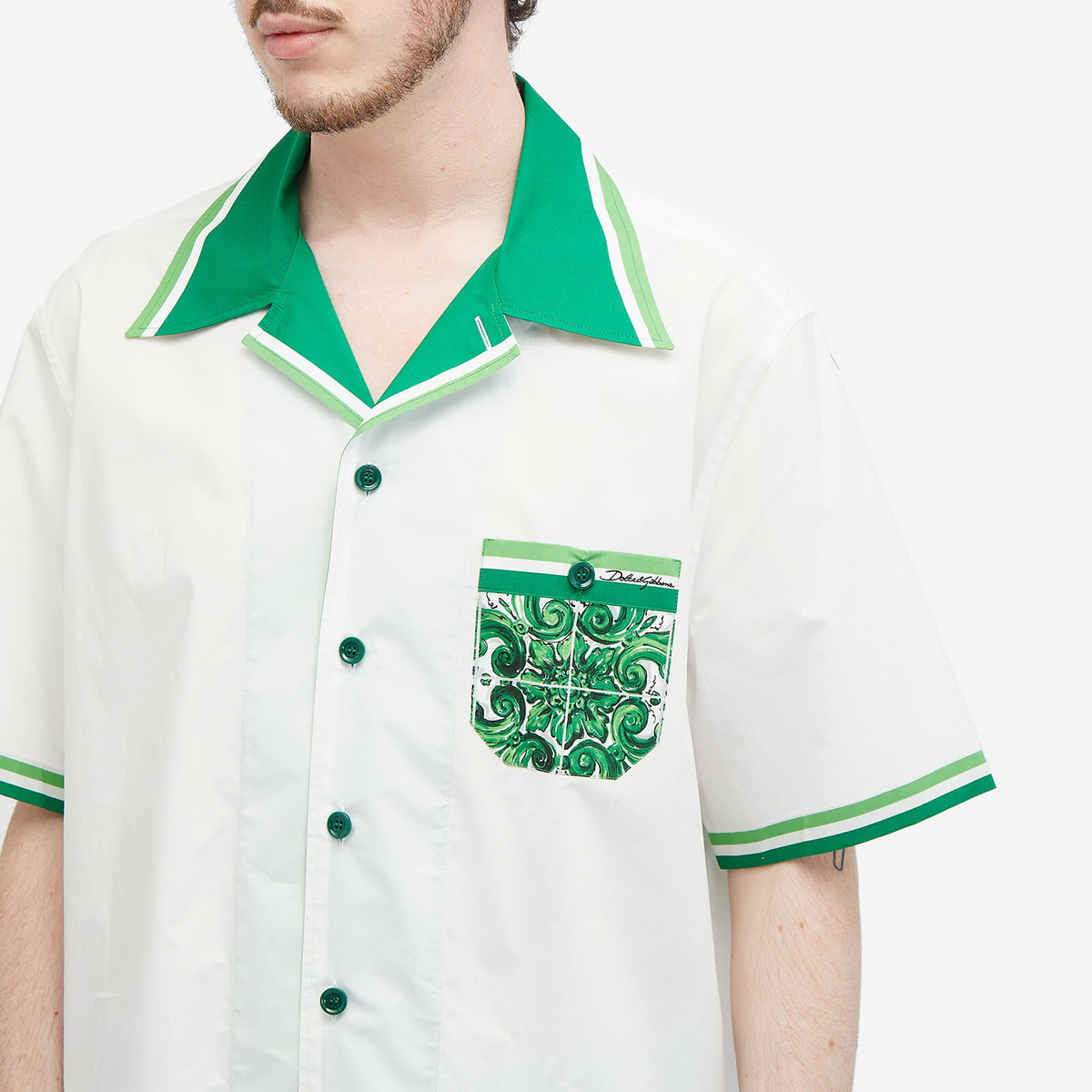 Dolce & Gabbana Men's Back Print Vacation Shirt in White/Green