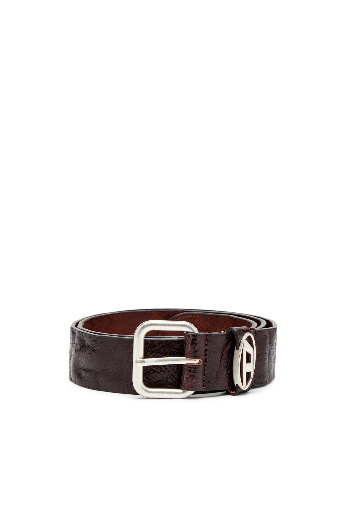 Diesel 3.9cm logo-plaque wrinkled leather belt - Belts - Unisex - Brown