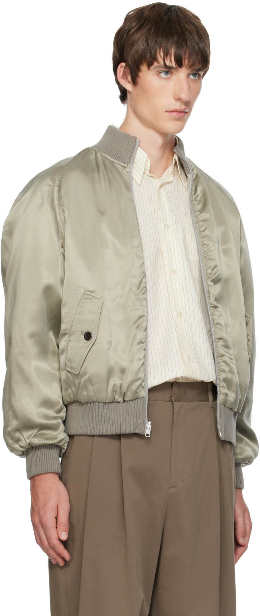AMOMENTO Green Ribbed Silky Bomber Jacket