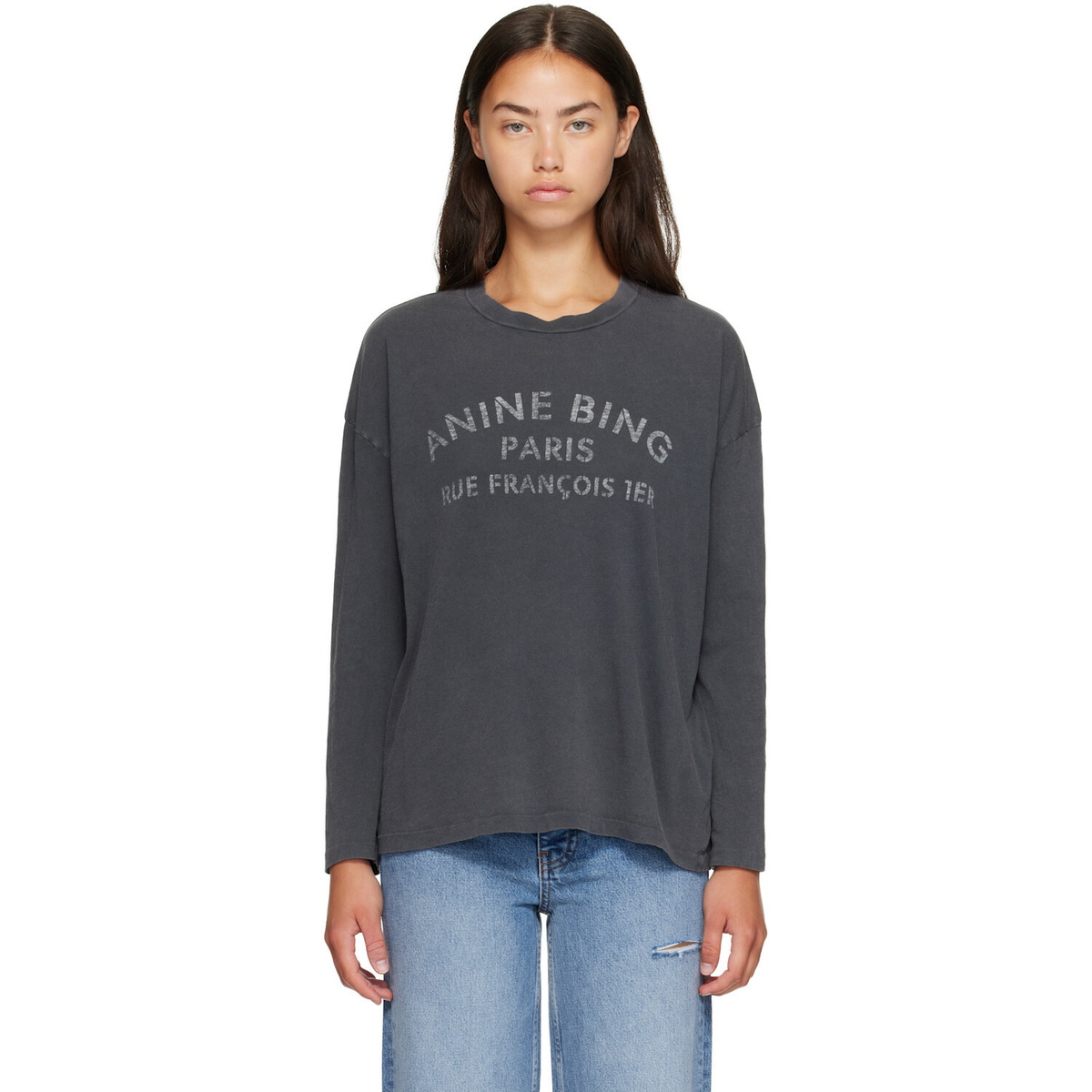 ANINE BING Black Ivan Long Sleeve 'Paris' Stencil T-shirt