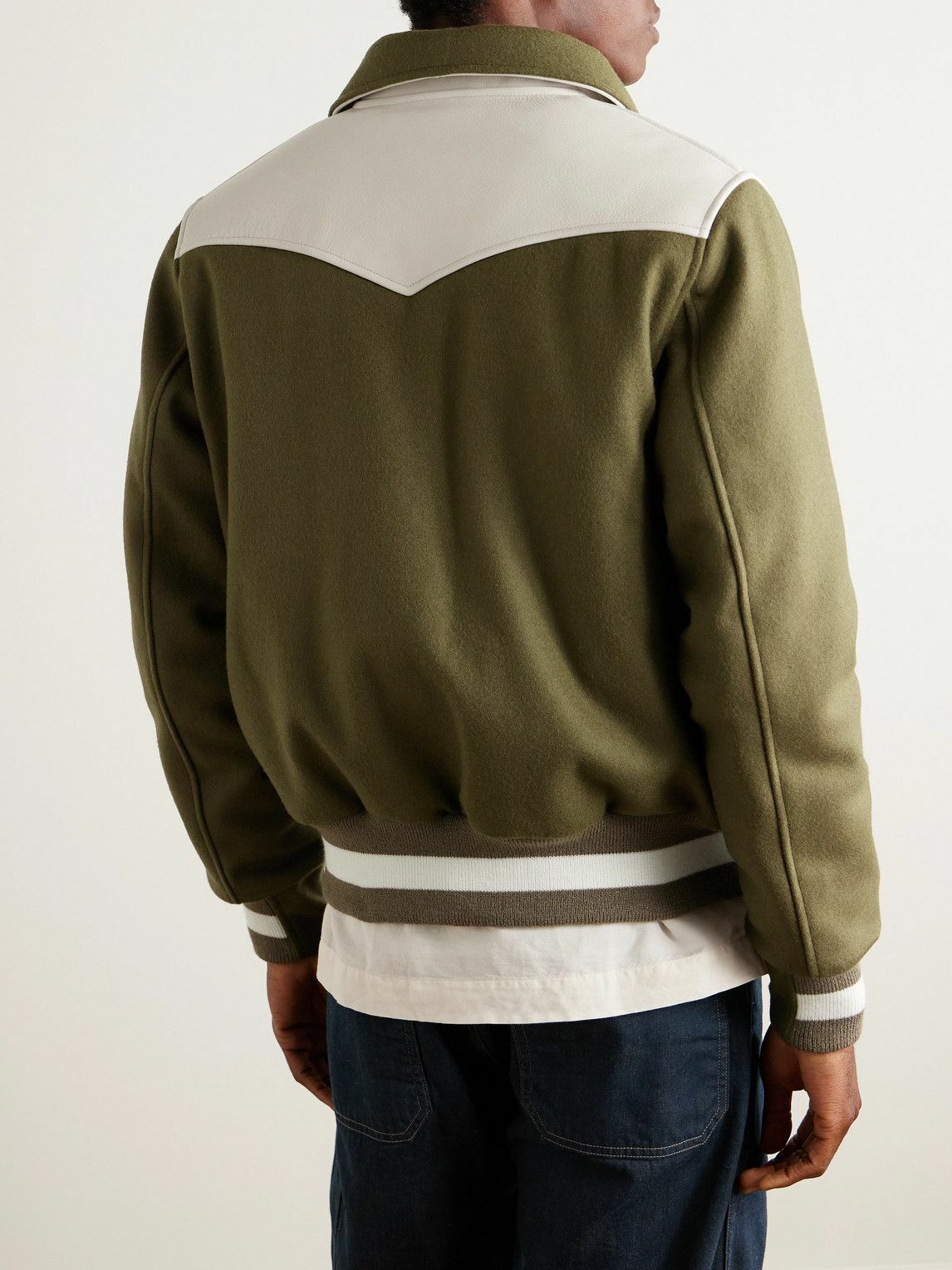 Golden Bear - Padded Leather-Trimmed Wool-Blend Felt Varsity Jacket - Green