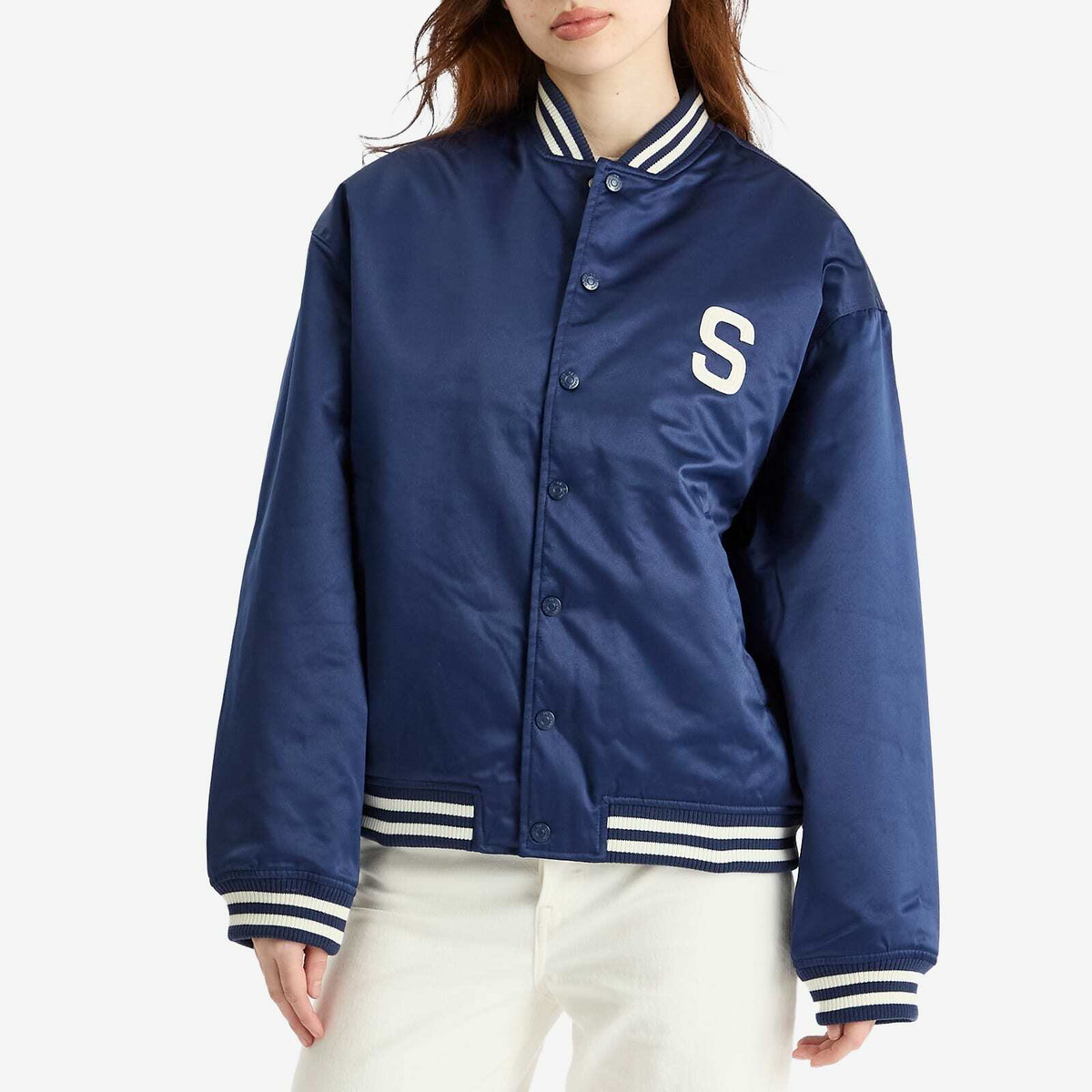 House Of Sunny Women's Satin Cult Bomber Jacket in True Navy