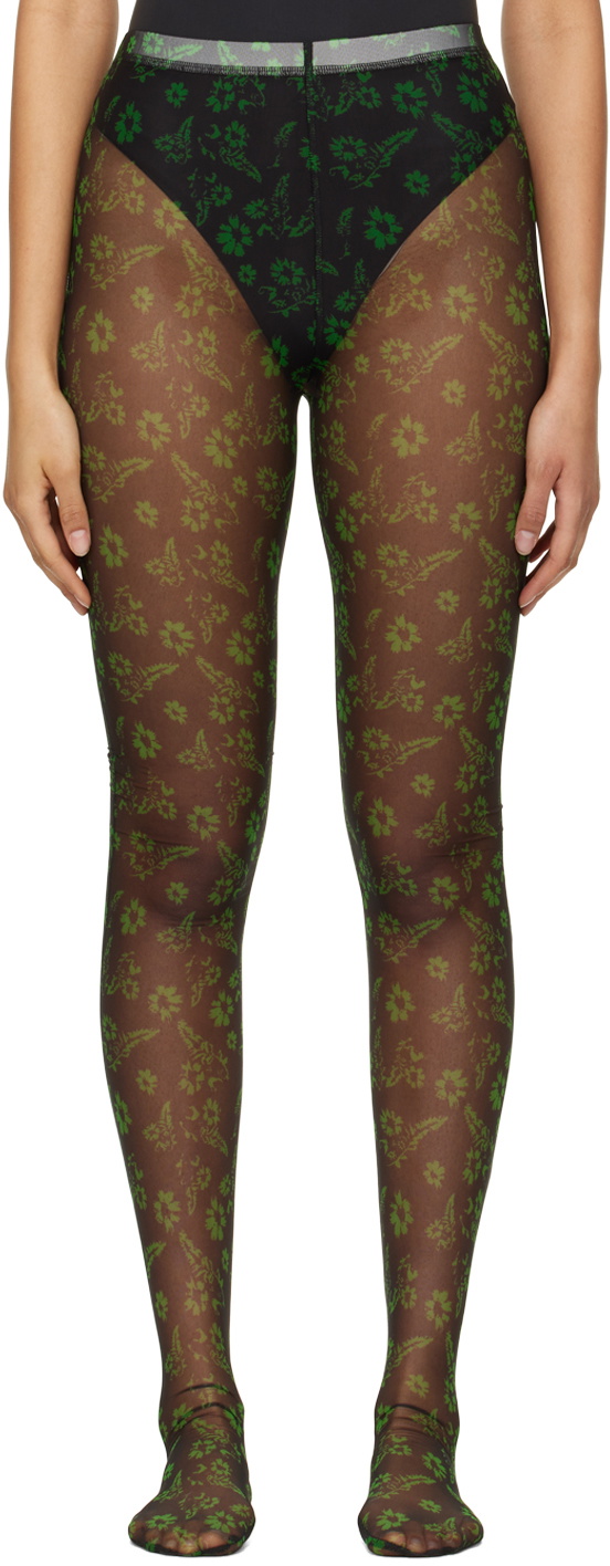 SHUTING QIU Black & Green Floral Mesh Tights