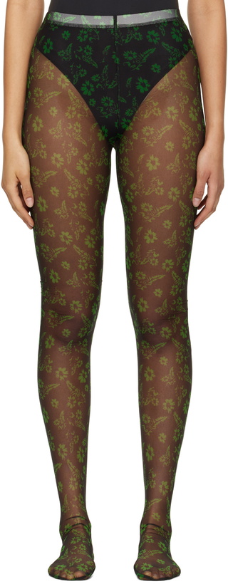 Photo: SHUTING QIU Black & Green Floral Mesh Tights