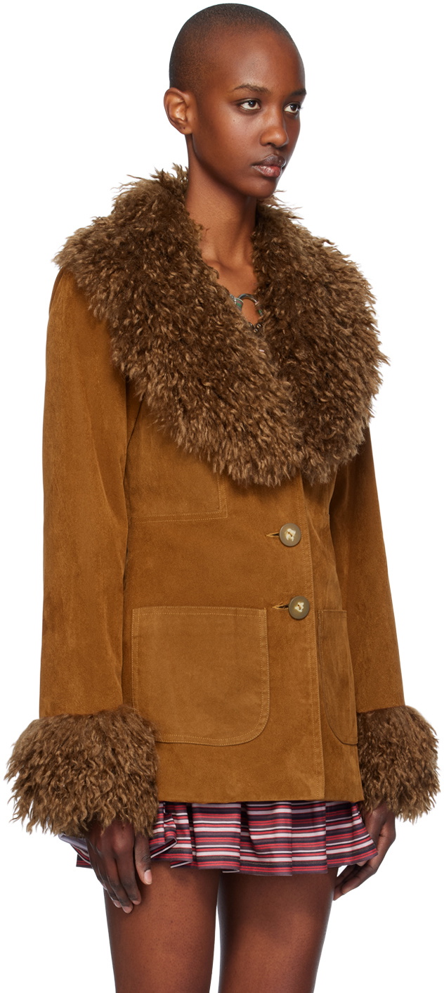 Anna Sui Tan Faux-Fur Trimmed Faux-Suede Jacket
