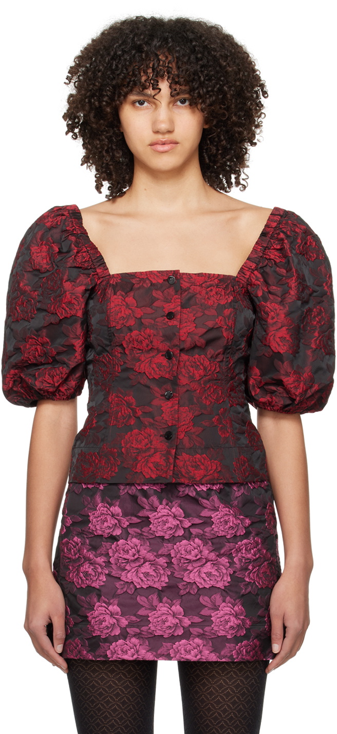 GANNI Black & Red Botanical Jacquard Blouse GANNI