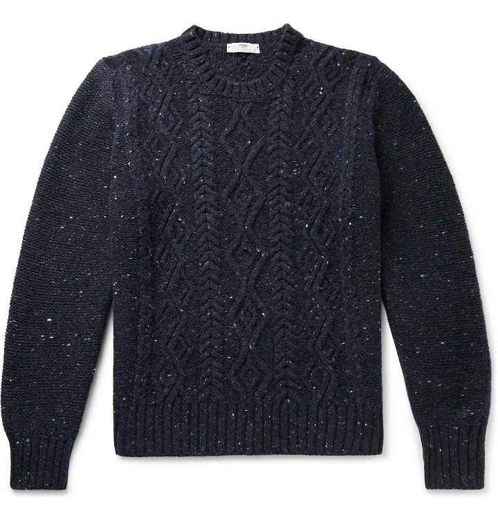 Photo: Inis Meáin - Flecked Cable-Knit Merino Wool and Cashmere-Blend Aran Sweater - Blue