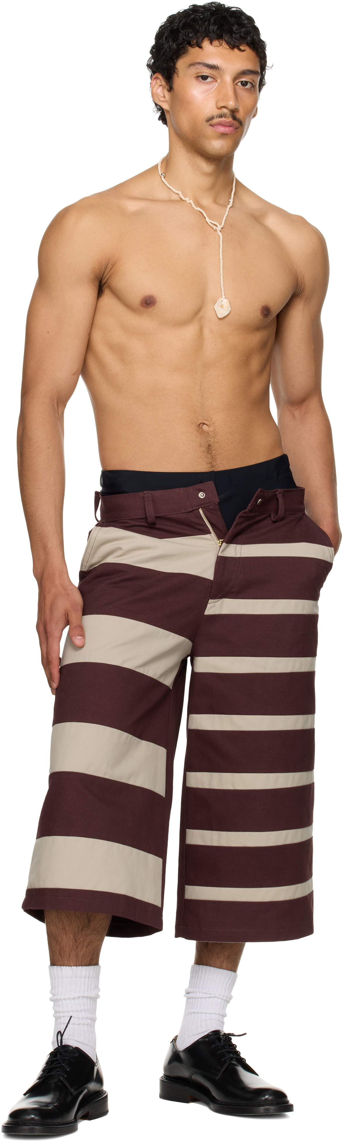 Stanley Raffington SSENSE Exclusive Burgundy & Beige Contrast Stripe Bermuda Shorts