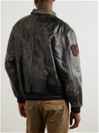 Guess USA - Appliquéd Distressed Leather Varsity Jacket - Black