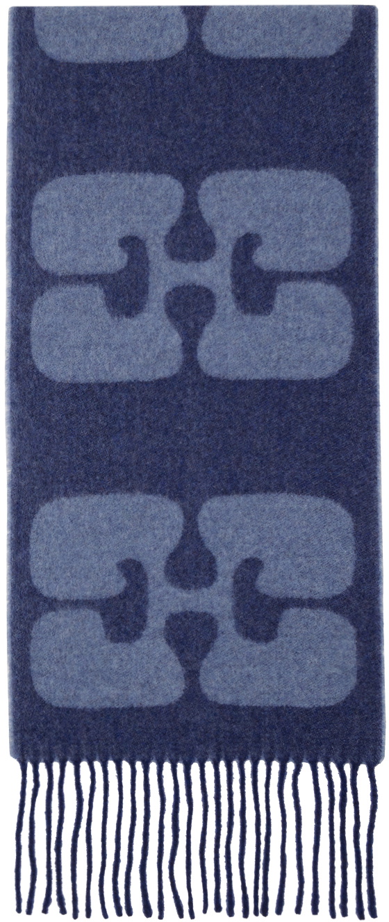 GANNI Navy Narrow Logo Scarf