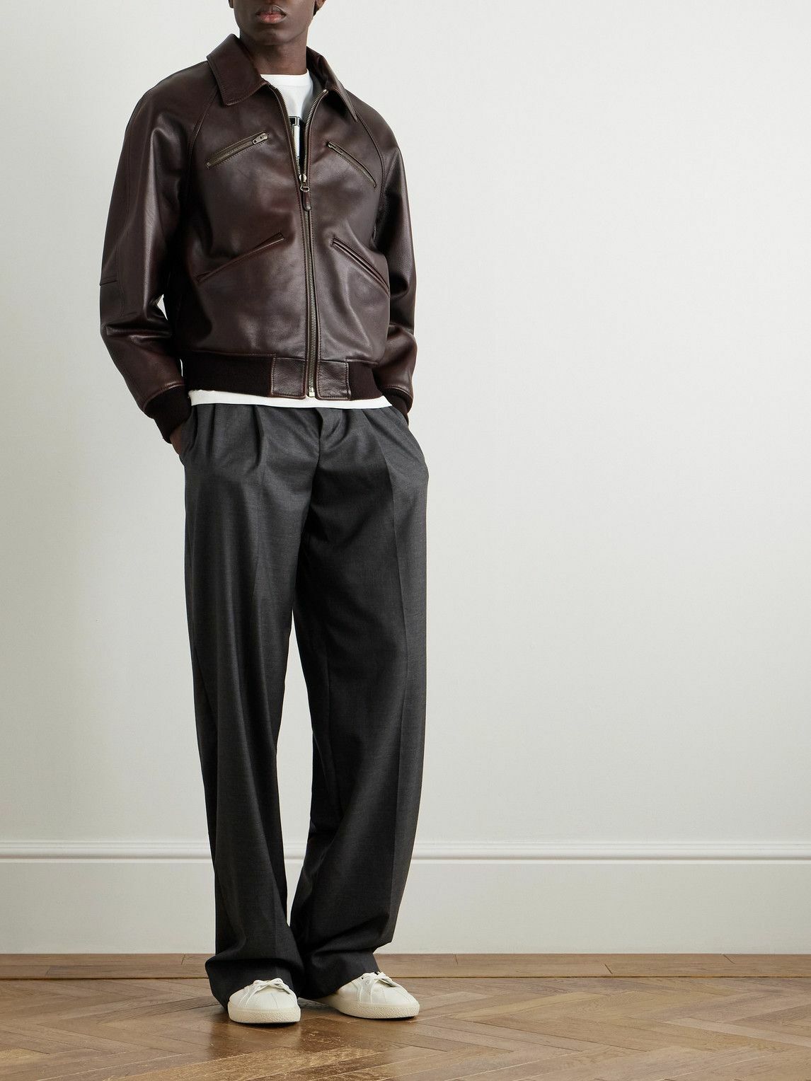 CELINE - Leather Bomber Jacket - Brown