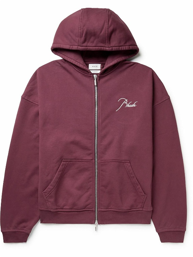 Photo: Rhude - Logo-Embroidered Cotton-Jersey Zip-Up Hoodie - Burgundy