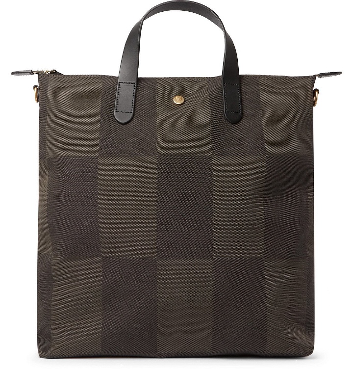 Photo: Mismo - Leather-Trimmed Checked Canvas-Jacquard Tote Bag - Green