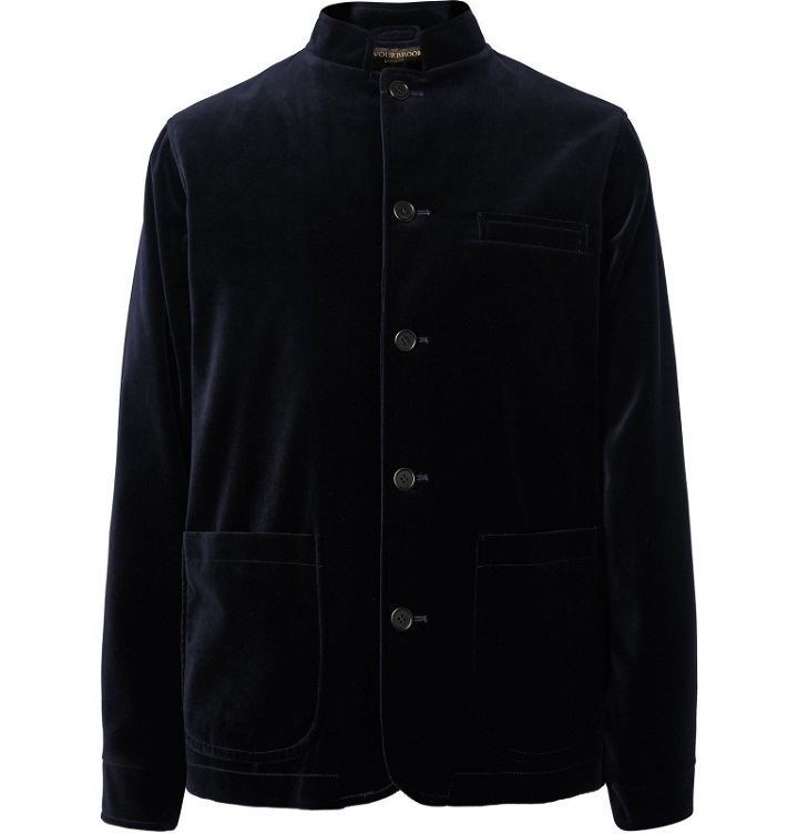 Photo: Favourbrook - Navy Nehru-Collar Cotton-Velvet Jacket - Blue