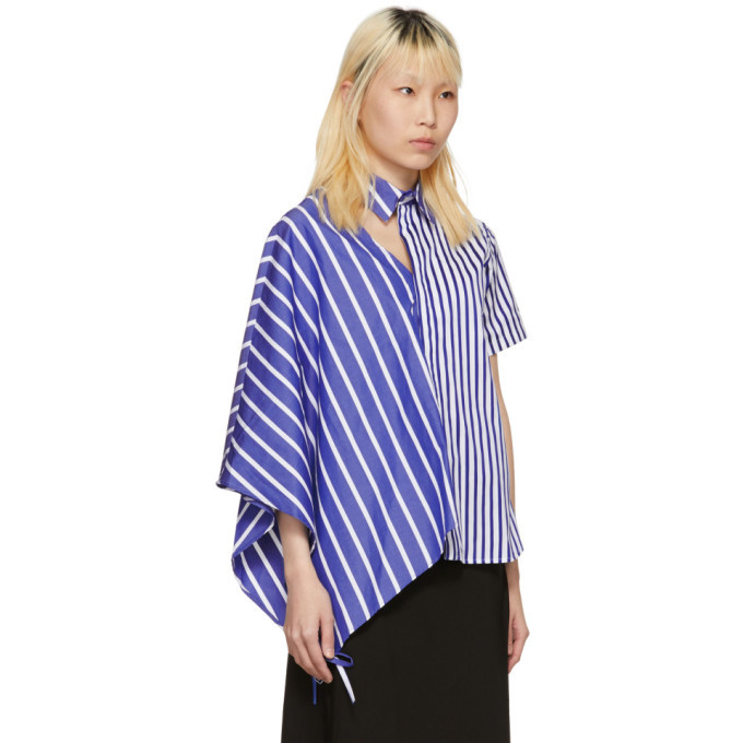 Facetasm Blue and White Striped Asymmetric Shirt
