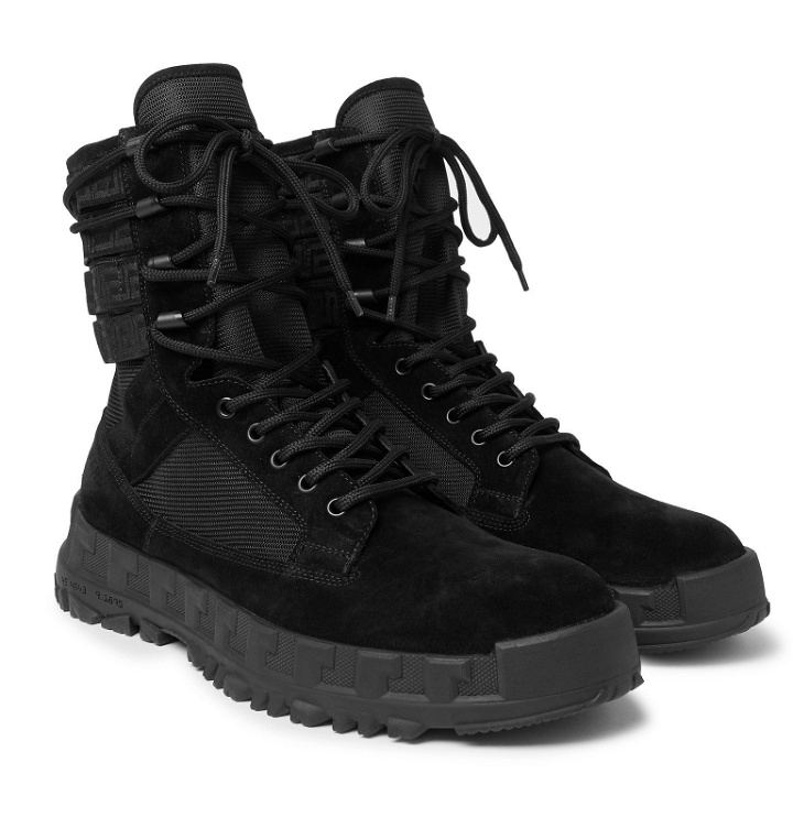 Photo: Versace - Logo Webbing-Trimmed Suede and Mesh Boots - Black