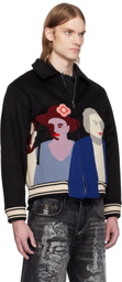 KidSuper Black Patchwork Portraits Wool Varsity Jacket