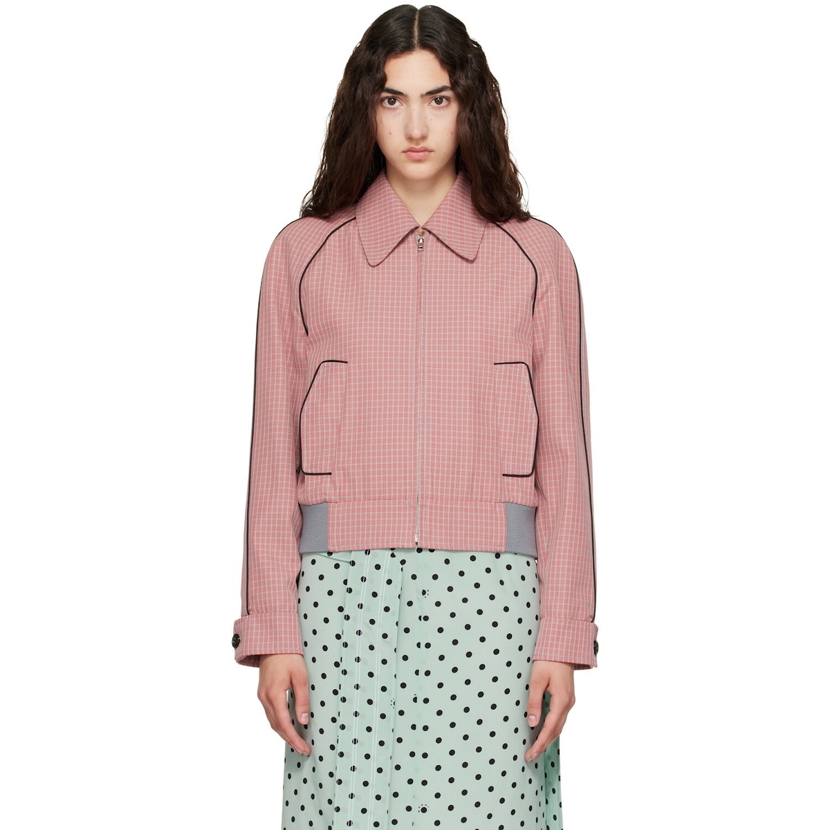 Marni Red Plaid Crop Bomber Jacket