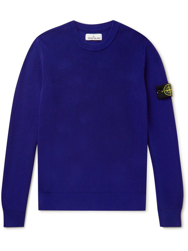 Photo: Stone Island - Ribbed Logo-Appliquéd Cotton Sweater - Blue