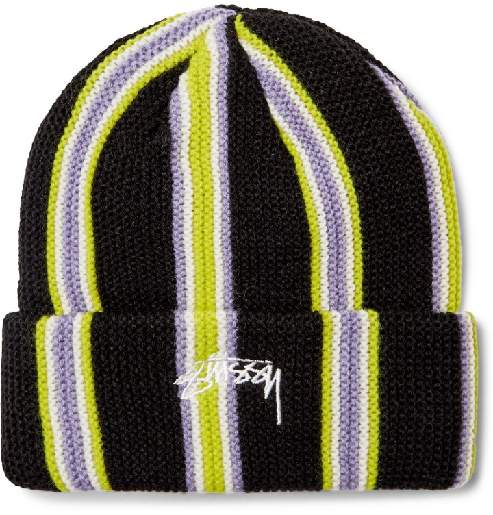 Photo: Stüssy - Logo-Embroidered Striped Knitted Beanie - Black